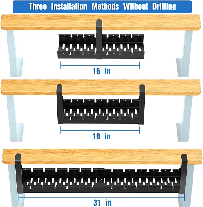 No Drilling Extendable Under Desk Cable Management, Metal Cable Management Tray Under Desk with Clamp, Retractable Power Strip Cord Holder for Wire Management 31Inch (1 Pack Black or white random 31')
