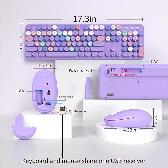 Wireless Keyboard and Mouse, Full-Size Retro Typewriter Keyboard with Round Keycaps, 2.4GHz for Windows, Mac, Laptop, PC, Desktop (Purple Colorful)