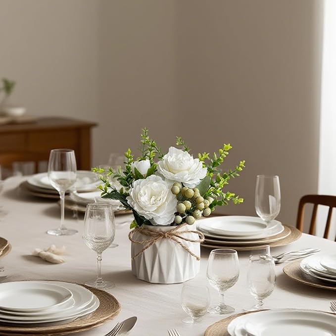 Faux Flowers with Vase, 2pcs Small White Artificial Flowers Arrangement, Potted Plants,Decoration for Bathroom Home Party Office Desk Wedding,Coffee Table Decor (White)