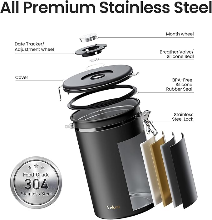 Veken Coffee Canister, 39OZ Large, Airtight Stainless Steel Food Storage Container for 2.2lbs Coffee Beans, Ground, Sugar, Tea, Flour, Cereal, Kitchen Bar Accessories with Date Tracker & Scoop, Black