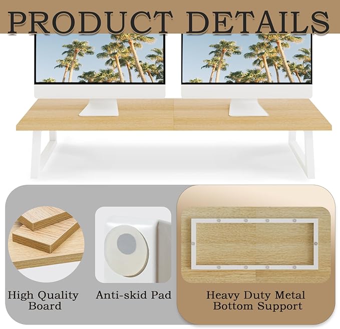 TEAMIX 31.5 inch Dual Monitor Riser - Wide TV Stand for 2 Monitors - Wood & Steel Desktop Riser for Dual Screen Office Desk Organization