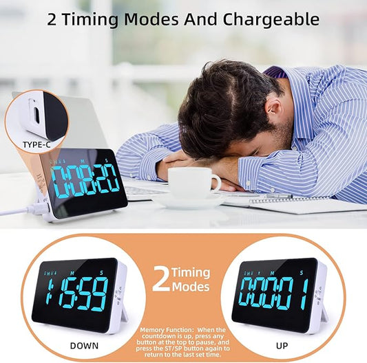 Rechargeable Digital Kitchen Timer for Cooking, Magnetic Timers with Countdown/up, Kids Timer with 5”LED Display 3 Brightness 4 Volume Adjustable for Classroom/Office/Home/Work/Fitness/Game(Blue)