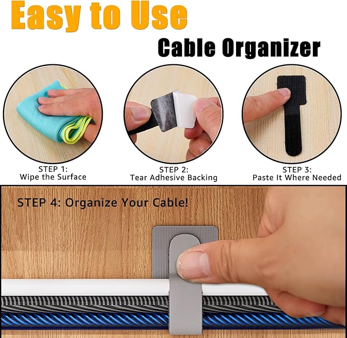 80PCS Hook and Loop Cable Straps, Cable Management Under Desk, Self Adhesive Cable Ties, Reusable Wire Organizers for Cords, Adjustable Cord Organizers for Desk, Home Office Essentials, Black