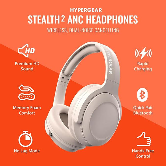 HyperGear Headphones Wireless - Bone Active Noise Cancelling Headphones Over Ear Bluetooth HD Audio Deep Bass Dual Noise Canceling Mics ANC Gym Headphone Wireless Over Ear Sound Cancelling Foldable