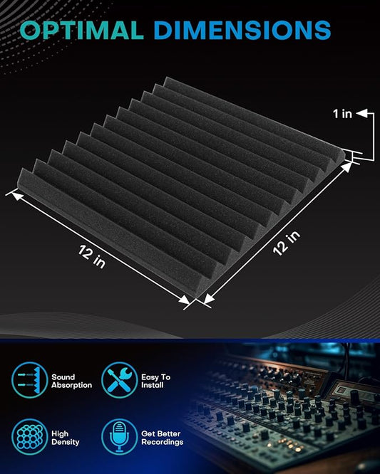 52 Pack Acoustic Foam Panels, 1 X 12 X 12 Inches Sound Proof Foam Panels for Walls, High Density Acoustic Panels Sound Absorbing, Black White Noise Cancelling Studio Wedges (NOT INCLUDE ADHESIVE)