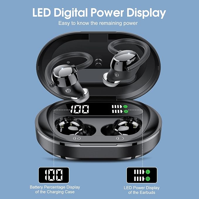 Wireless Earbuds, 2023 New Ultralight Sport Bluetooth 5.3 Headphones In Ear with LED Display, Built-in Mic Earphones, IPX7 Waterproof Wireless Headphones with Earhooks for Gym Workout (Black)