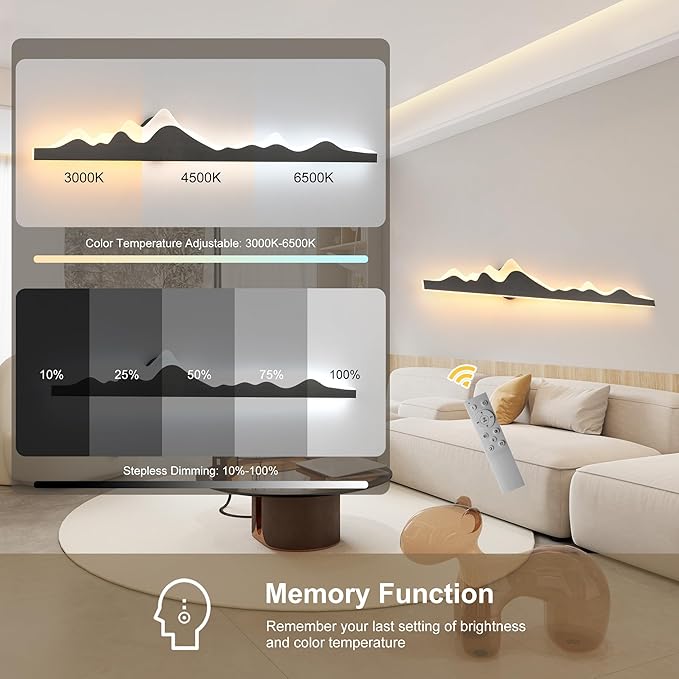 Qcyuui Wall Sconce with Remote Control 47.2inch Dimmable LED Wall Lights Black Led Wall Sconce Indoor Mountain Shape Wall Lamps for Living Room Bedroom Hallway,24W