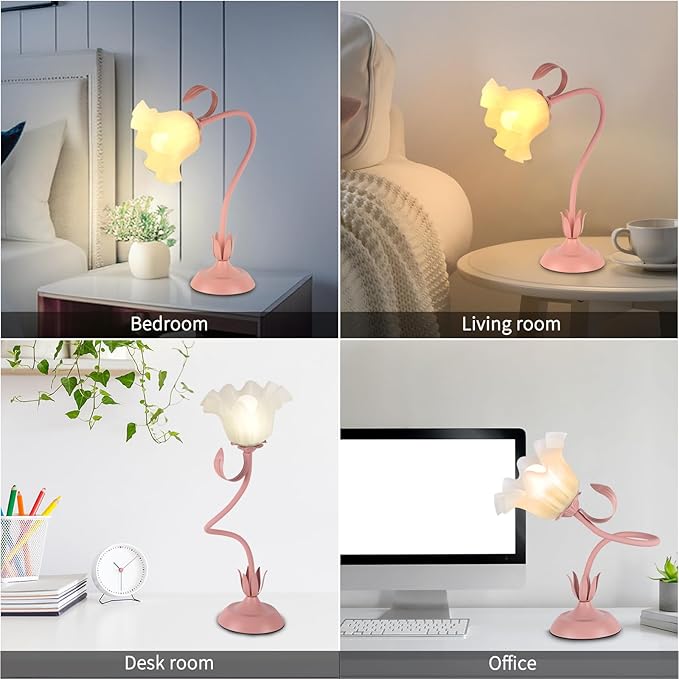 Cute Flower Desk Lamp, 3 Color Temperature Table Lamps with LED Bulb, Vintage Bedside Lamp, Reading Lamps with Soft Light for Bedroom, Living Room(Pink)