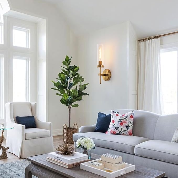 Wall Sconces Set of Two,Brass Gold Bathroom Sconces Wall Lighting with Clear Glass, Modern Sconces Wall Decor Set of 2 Wall Light fixtures for Bathroom Mirror Living Room Hallway Bedroom Wall Lamp