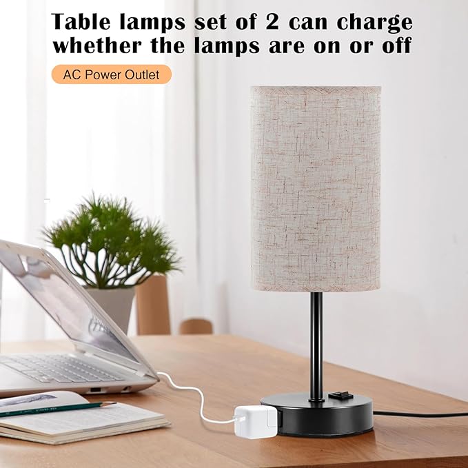 ZJOJO Table Lamp for Bedroom Set of 2, Bedside Small Lamps with 3 Way Dimmable Rocker Switch and AC Outlet, Nightstand Desk Lamp with Flaxen Fabric Shade Black Base for Living Room Home Decor Lights
