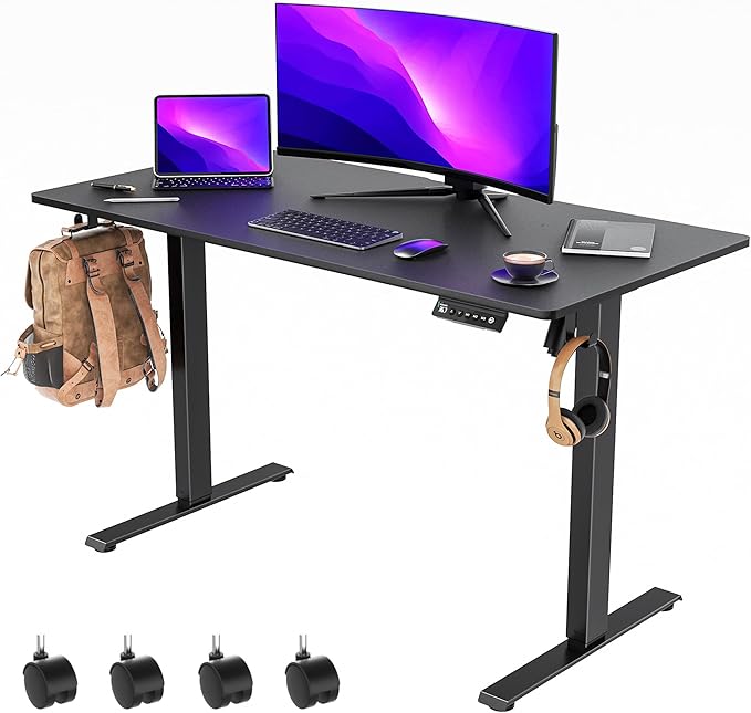 48 x 24 inch Electric Standing Desk Adjustable Height with 4 Wheels, 4 Memory Height Settings, 2 Headphone Hook, Home Office Desk, Splice Board Black