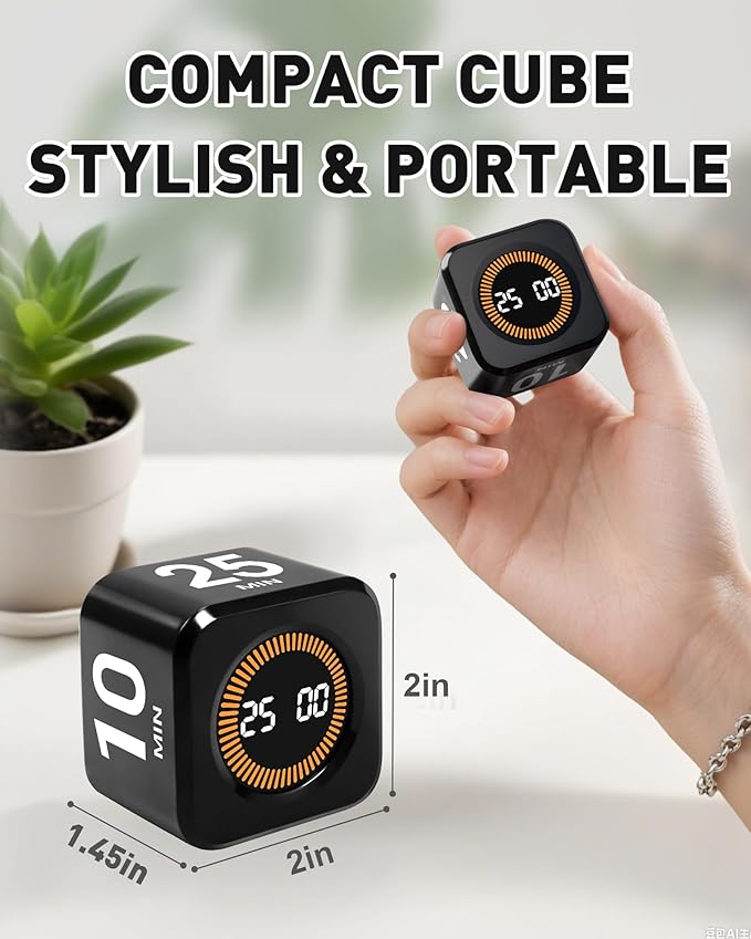 Pomodoro Timer Cube for Productivity — 5/25/10/50 Minutes Preset, Digital Gravity Sensor Desk Visual Timer for ADHD, Silent Mode, Ideal for Office, Study, Kitchen & Kids