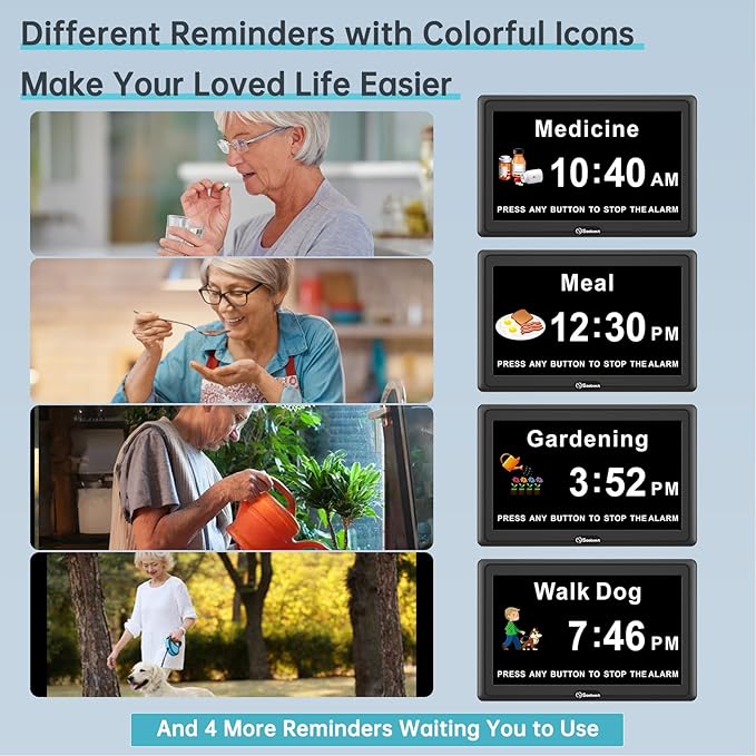Soobest Digital Dementia Alarm Clock for Seniors Elderly, Electric Large Display Date Day of Week Time Calendar Clock 20 Reminders 3 Ringtones for Memory Loss Alzheimers, Auto DST/Dimmer, 1024*600P HD