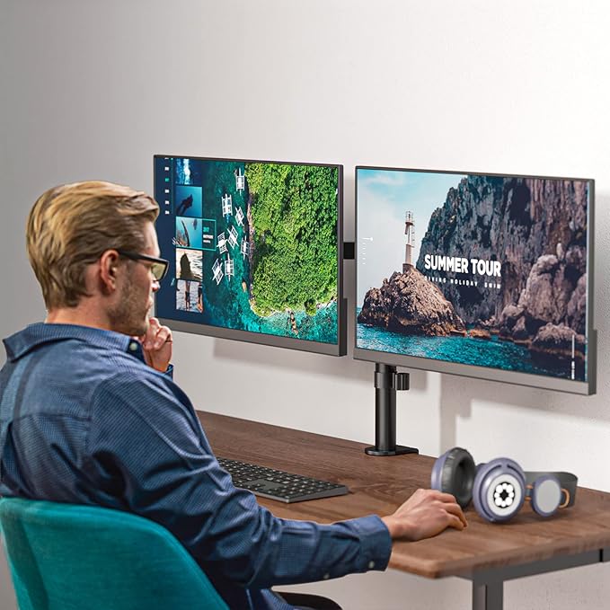 WALI Dual Monitor Stand for 13-27 inch Screens, Dual Monitor Mounts for 2 Monitors, 2 Monitor Desk Mount Holds up to 22 lbs, Height Adjustable Swivel Tilt Rotation, 75x75/100x100mm (M002), Black