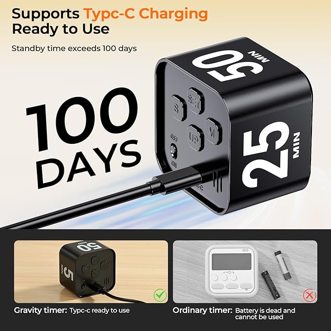 EooCoo Pomodoro Timer Cube, Visual Focus Timer with Gravity, Countdown 5/10/25/50 Min, Adjustable Silent, Rechargeable Productivity Tool for Office, Kitchen, Gym, Yoga, Meditation, Classroom