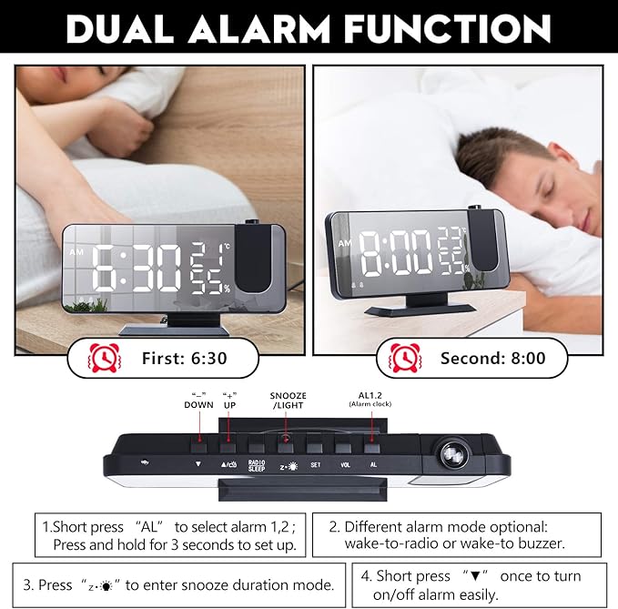 Projection Alarm Clock for Bedroom, Digital Alarm Clock with USB Charger, 7.4" Large LED Mirror Display Radio Alarm Clock, Dual Smart Alarm with Projection on Ceiling, Black