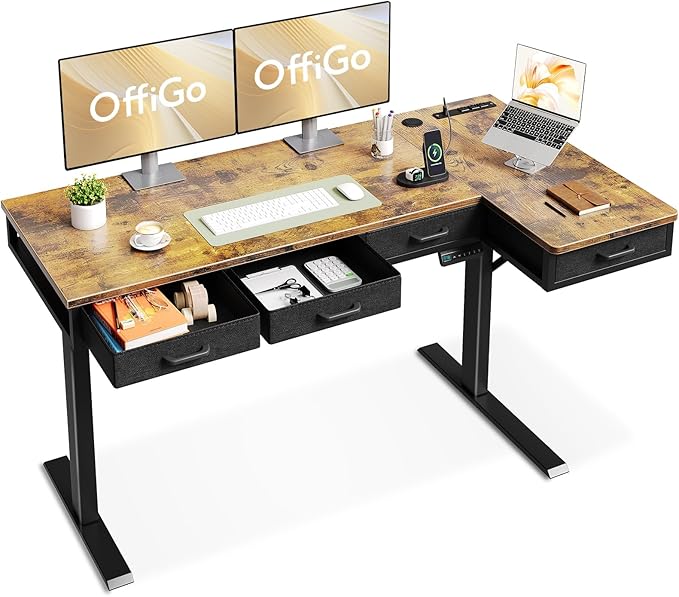 OffiGo 63 Inch L Shaped Electric Standing Desk with Drawers, Height Adjustable Large Desk with Power Outlets, Sit Stand Table, Writing Computer Desk for Home, Office, Workstation, Rustic Brown