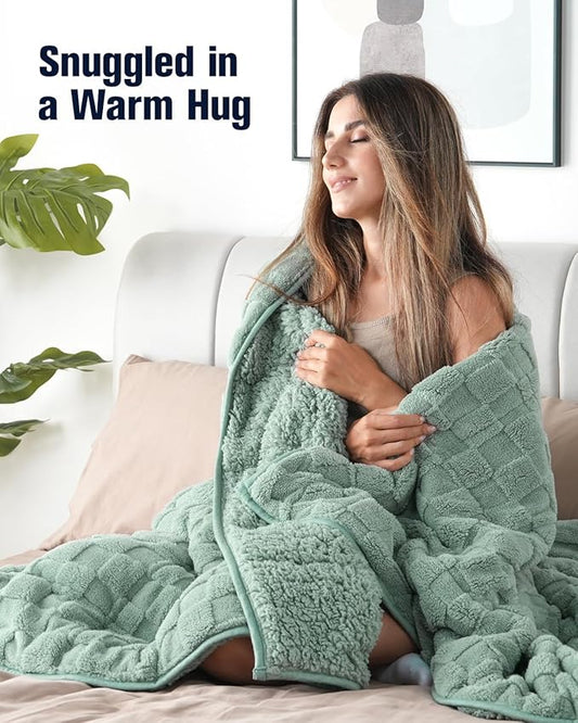 Kivik Weighted Blanket for Adult, 15 lbs Checkered Throw Blankets, Soft Dual Sided Heavy Fleece Checkerboard Blanket for Couch Sofa Bed, Queen Size 60 x 80 Inches, Sage Green