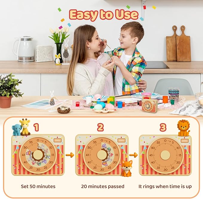 VOCOO Kids Visual Timer for Classroom - 60-Minute Countdown for Kitchen Cooking Office, Strong Magnet, Silent Time Management Tool, 2 AAA Batteries Included, Cute Animal Pattern (Orange)