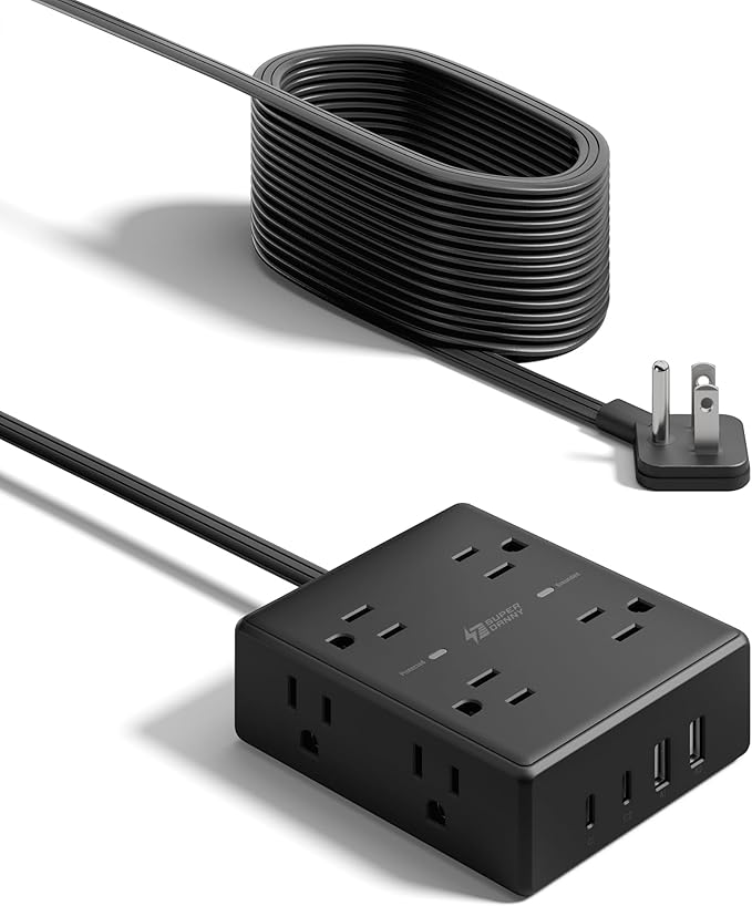 20Ft Long Extension Cord, Flat Plug Power Strip Surge Protector, 8 Outlet 4 USB Ports (2 USB C), Wall Mountable, Desk Charging Station for Home Office, College Dorm Room Essentials (Black)