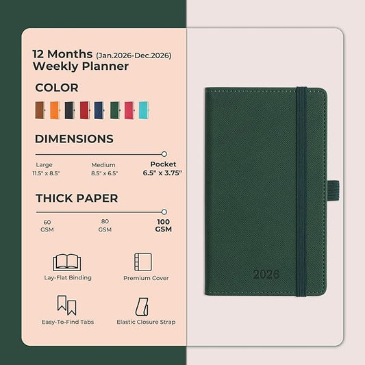 Weekly Monthly 2026 Planner (Jan.26-Dec.26),6.5"x3.75",12 Months Agenda Plan with Month Tabs & Pocket,Expenses/Note Pages, Appointment Book Calendar with Hardcover Vegan Leather Cover,Green