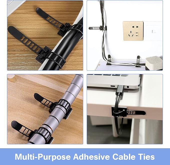 100PCS Adhesive Cable Ties Cable Clips, Self-adhesive Nylon Cable Straps, Adhesive Cable Management Clips for Wire Management (Black-Adhesive Cable Ties)