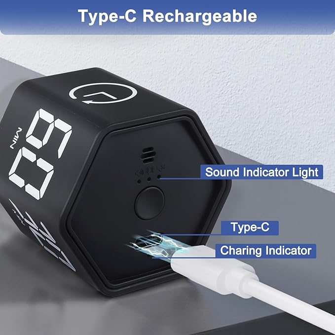 GuDoQi Rotating Pomodoro Timer 1 5 10 30 60 Min Preset, Hexagon ADHD Flip ProductivityTimer Tool Pause, Vibration, Mute, Adjustable Sound Alert for Work, Study, Back to School, Kitchen, Black