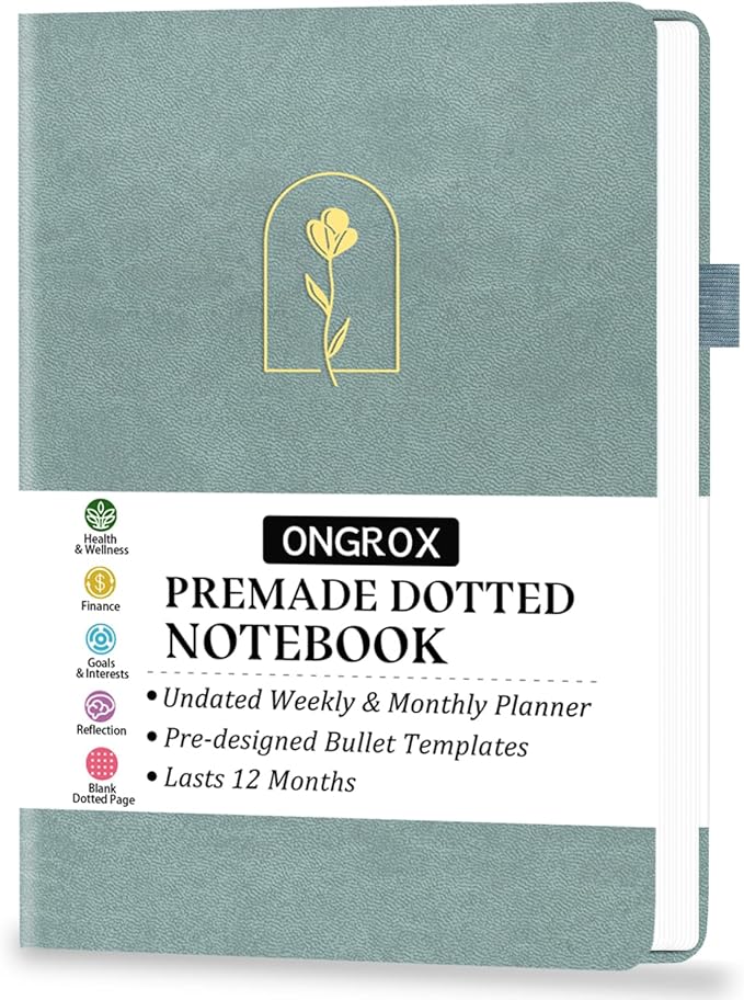 Premade Bullet Style Notebook with Undated Weekly & Monthly Planner, Dotted Journal with Pre-made Bullet Planner Stencils, Dot Grid Journaling with Habits & Mood Tracker, 12 Month Organization, A5