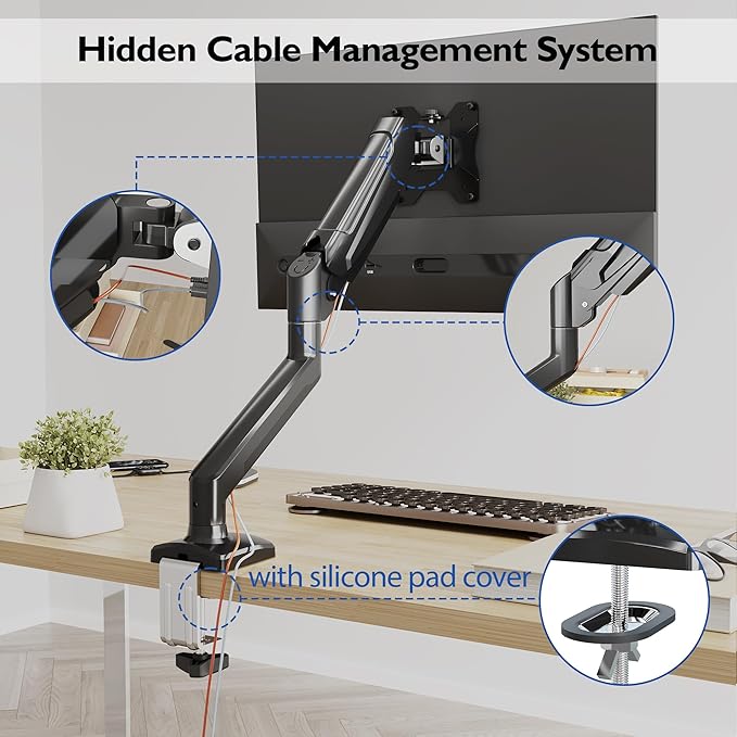 BONTEC Monitor Arm Desk Mount, Gas Spring Monitor Stand, Adjustable Full Motion VESA with C Clamp & Grommet Base, Supports 6.6-19.8lbs LCD/LED Tilt, Swivel, Rotation (Single Arm, 13-32 Inch)