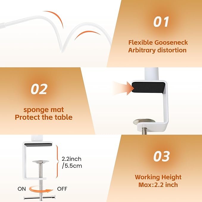 LED Desk Lamp with Clamp, Eye-Caring Adjustable Brightness, 3 Lighting Modes, Touch & Remote Control Clip Light for Home Office, Study, Computer Work, Reading, Puzzle, Task (White)