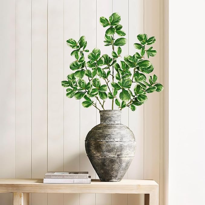 Hollyone 3 Packs Artificial Greenery Stems 36.2 Inch Fake Branches White Edged Leaves with Long Stems Faux Stems Greenery Stem Faux Branches for Vase Garden Home Decor Office Wedding Decoration