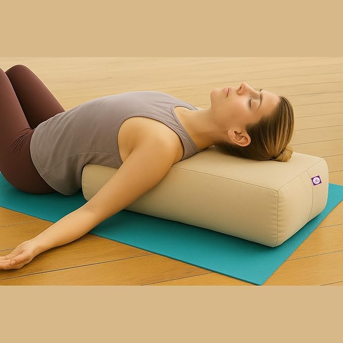 Yogikuti Cotton-Filled Rectangular Bolster for Iyengar Yoga- Cotton Pillow Best for Back Support & Chest-Opening in Restorative Poses, Meditation (Beige)