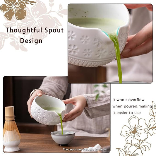 Matcha Whisk Set, Ceramic & Bamboo, 7 Pcs, White, Includes Bowl, Whisk, Holder, Scoop, Rest, Sifter, Tea Towel