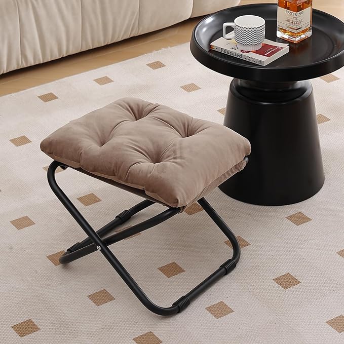 LITA Folding Footrest Stool, Portable Ottoman Foot Rest, Upholstered Small Foldable Ottoman Stool with Detachable Thick Cotton Cushion Padded Sofa Stool for Living Room, Bedroom, Khaki
