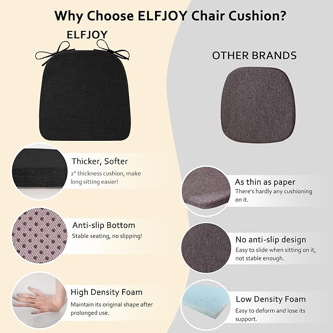 ELFJOY Chair Cushions for Dining Chairs Kitchen Chair Cushions U Shape Non Slip Chair Pads Set of 4 Seat Cushions with Ties Indoor 16.7" x 16" Black