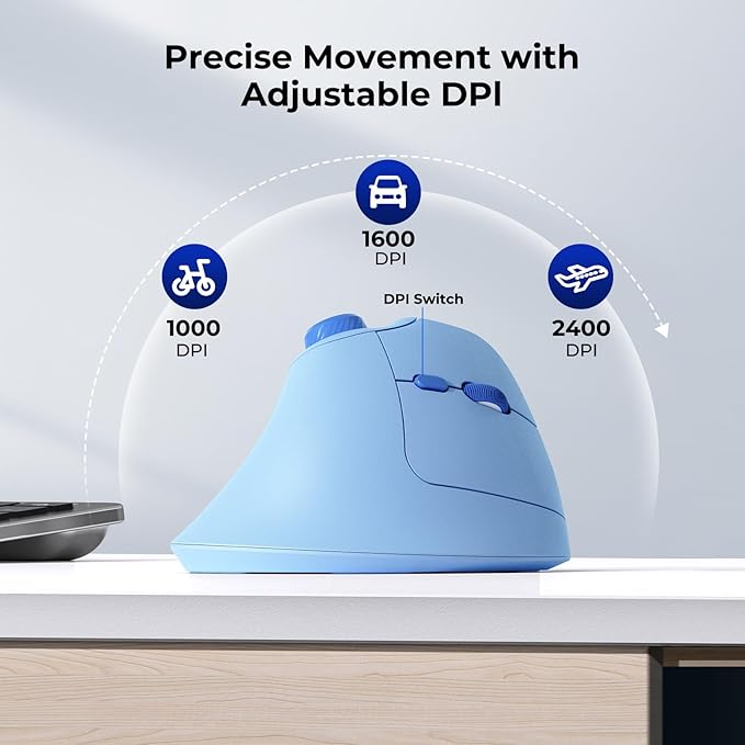 seenda Ergonomic Mouse Rechargeable, USB+Dual Bluetooth, MOU-302 Vertical Wireless Mouse with Volume Knob, Quiet Clicks, Multi-Device Cordless Mice Compatible for Windows, PC, Laptop, Mac OS, Blue