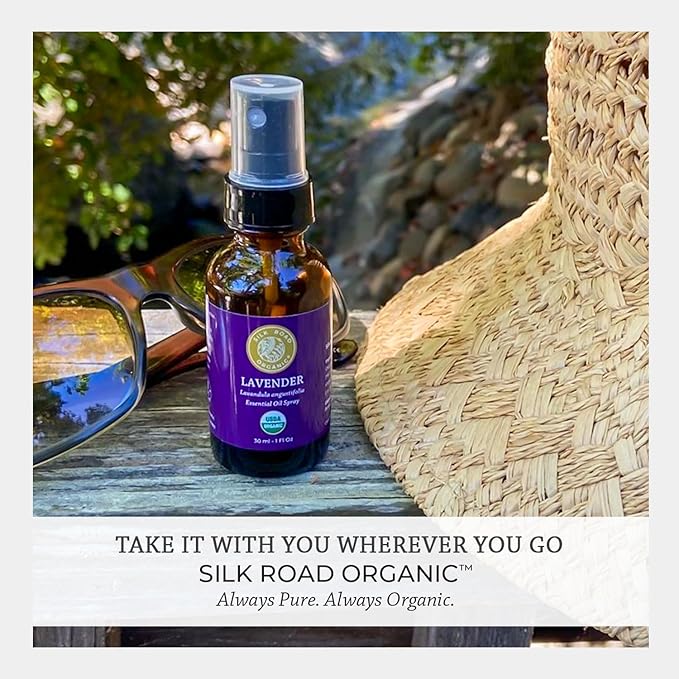 Silk Road Organic Lavender Essential Oil Spray, Lavandula Angustifolia, 100% Pure USDA Certified Aromatherapy for Calming, Relaxation & Skin – 1 oz Spray - Always Pure, Always Organic