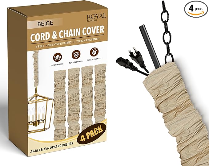Royal Designs, Inc. Cord & Chain Cover 4 ft Silk Type Fabric, Chandelier Pendant Lighting Chain & Cable Management, Touch Fastener, Beige - 4 Pack