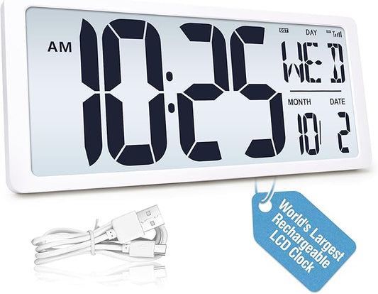 (6" Numbers) Display Built-in Rechargeable Power 18.44" Atomic Wall Clock -Night Display-Never Needs Setting!-Easy to Read Numbers-Never Need Replace Battery