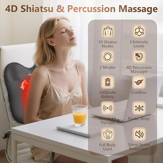 Back Massager, Shiatsu and Percussion Massage, Cordless Lower Back Massage for Pain Relief Deep Tissue, Back Massager with Heat,4D Neck Massager and Massage Pillow fror Shoulder, Black