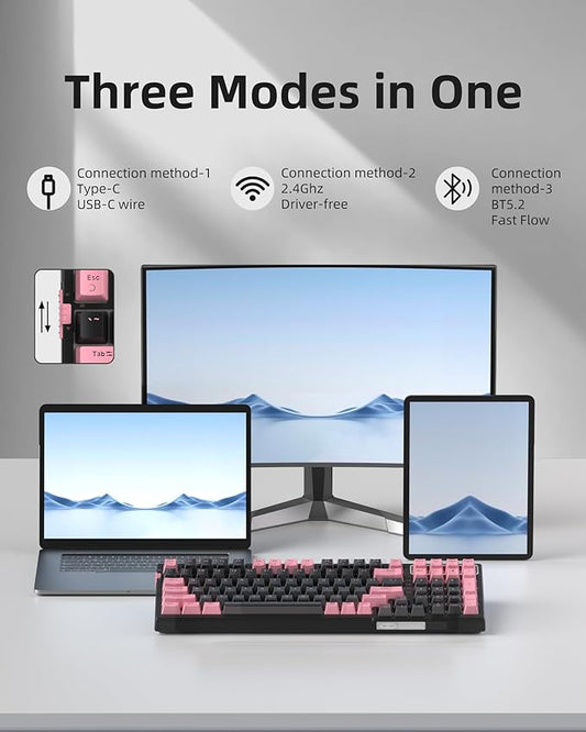 MageGee SKY98 Wireless Gasket Mechanical Gaming Keyboard, 96% Hot Swappable RGB Custom Creamy Keyboard with 5-Layer Sound Padding, BT/2.4G/USB-C, NKRO for Win/Mac (Pink & Black, Blue Whale Switch)