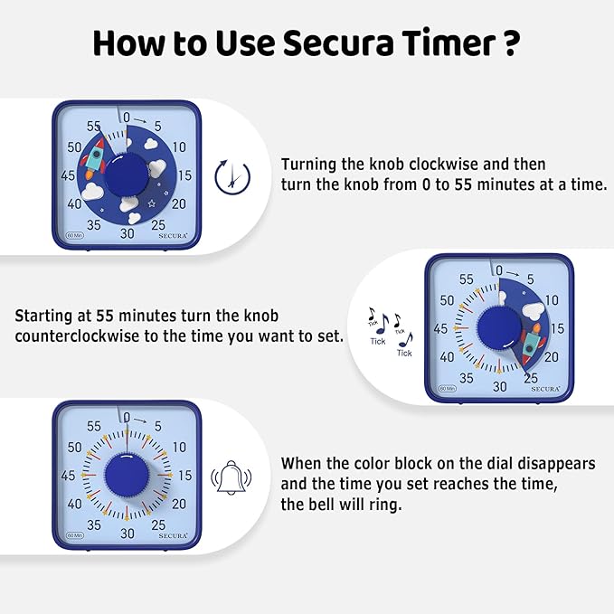 Secura 7.5-Inch Rocket Pattern Visual Timer for Kids, 60-Minute Countdown Timer for Classroom or Kitchen, Durable Mechanical Timer Clock with Magnetic Backing (Blue)