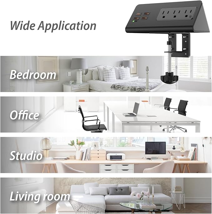 Desk Edge Clamp Mount Power Strips with 4 USB Ports(1xPD 20W USB-C Port)& 3 AC Outlets,1875 Joules Tabletop Surge Protector, Power Sockets for Office Table/Hotel Nightstands,ETL Listed (1-Pack, Black)