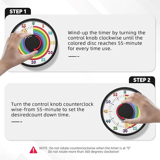 Secura 60-Minute Rainbow Visual Timer 6-Inch Mechanical Countdown Timers for Teaching, Meeting, Cooking, Working - Timer for Kids with Magnetic Backing (Black)