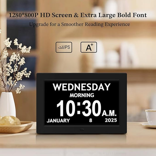 10.1'' Digital Clock, 1280*800p HD Extra Large Display, Digital Clock With Date, Time, Day Of Week, 10 Reminders & 6 Alarms, Auto Dimming & DST, Remote Control, Dementia Clock For Seniors, Black