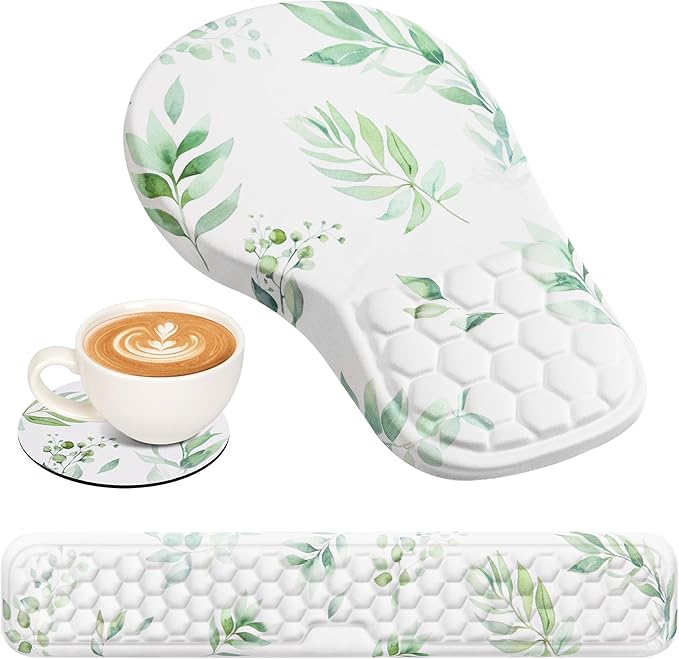 3 in 1 Ergonomic Mouse Pad and Keyboard Wrist Rest, Cute Mouse Pad with Wrist Support Massage Design, Non-Slip Wrist Pad for Mouse, Desk Mouse Set (Green Plant)