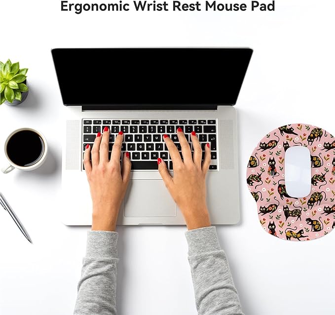 RICHEN Ergonomic Mouse Pad with Wrist Support,Non-Slip Rubber Base for Computer Laptop & Mac,Lightweight Rest for Home,Office & Travel (Flowers Cats)