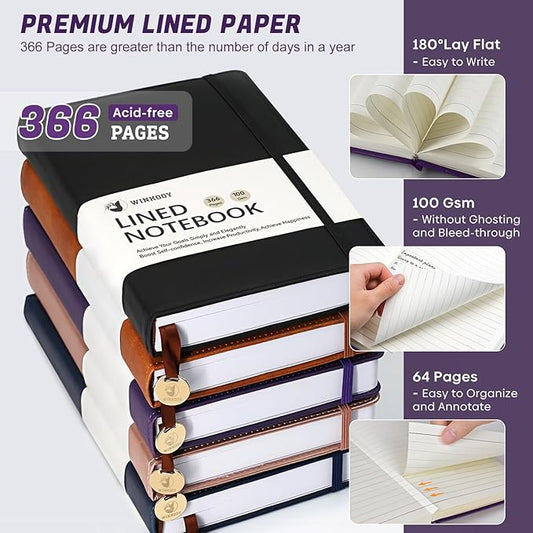 Lined Journal Notebook, 366 Pages, 100Gsm Leather Hardcover Journals for Writing Thick A5 College Ruled Classic Notebook with Pen Loop, Daily Journal for Women Men Travel Business Work Officee