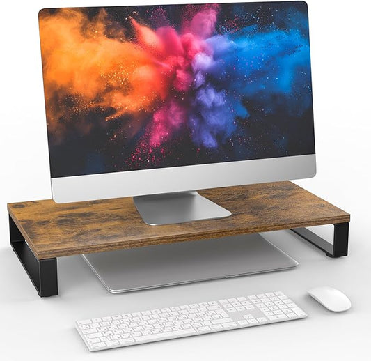 XINYAO Monitor Stand for Desk, Wood & Steel Computer Stand Riser with Storage Organizer for Office Laptop, PC, Printer