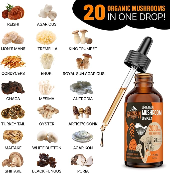 Liposomal Mushroom Complex Drops 2000 MG - 20 Organic Mushroom Extracts - Advanced Liquid Formula for Immunity, Cognitive and Memory - Lions Mane Supplement, Reishi, Cordyceps, Chaga, 300 Servings